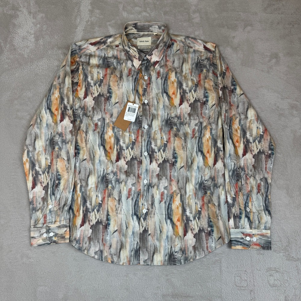 NWT Stitch Note Classic Collar Watercolor Print‎ Button Up Shirt Mens XL Gray